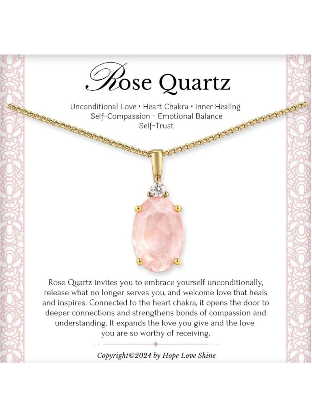 Rose Quartz Crystal Pendant Necklace - Elegant Gold Jewelry Gift for Her